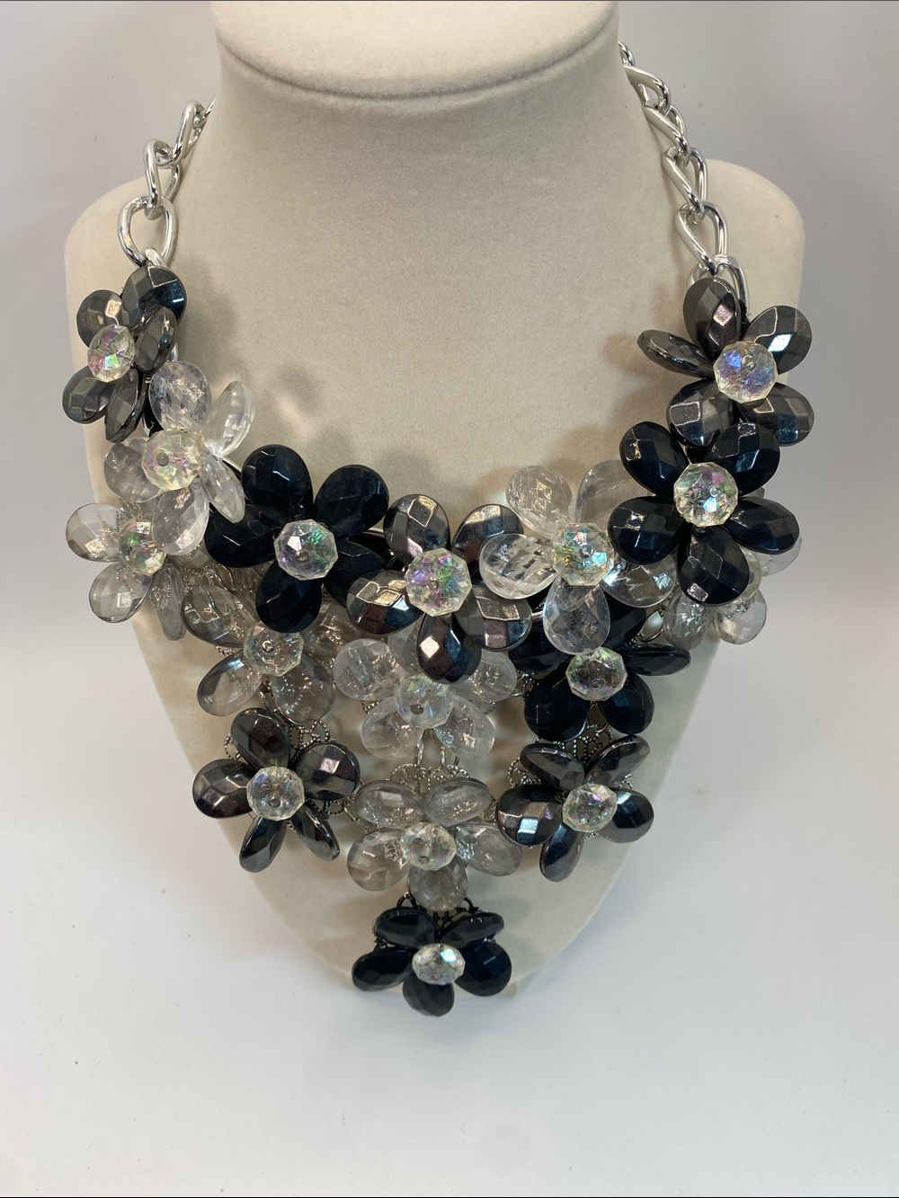 Statement Floral Bib Necklace - Black and Clear